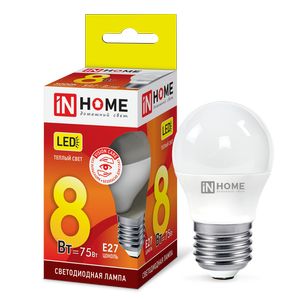 Лампа св/диод Е27 8W 3000K шар мат IN HOME №05850